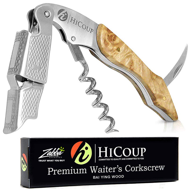 HiCoup Kitchenware فتاحة نبيذ هيكوب - مفتاح احترافي لزجاجات النبيذ مع قاطع ورق الألمنيوم ومزيل الأغطية - مفتاح نبيذ يدوي للخدم والنُدُل وموظفي البار والاستخدام المنزلي - خشب، باي يينغ - Image 1